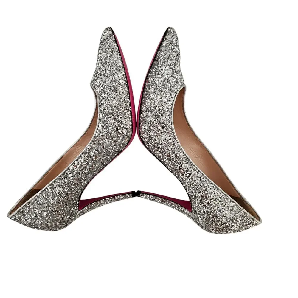 Gucci Virginia Heel Pump Size 37 US 7 Silver Glitter Pink Sole Pointed Toe